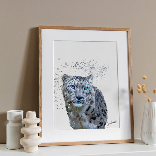 Snow Leopard Portrait Splatter Style Artwork Fine Art Print (Unframed)