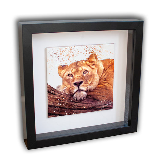 Lioness Portrait Brush Splatter Style Artwork - Framed CERAMIC TILE Art