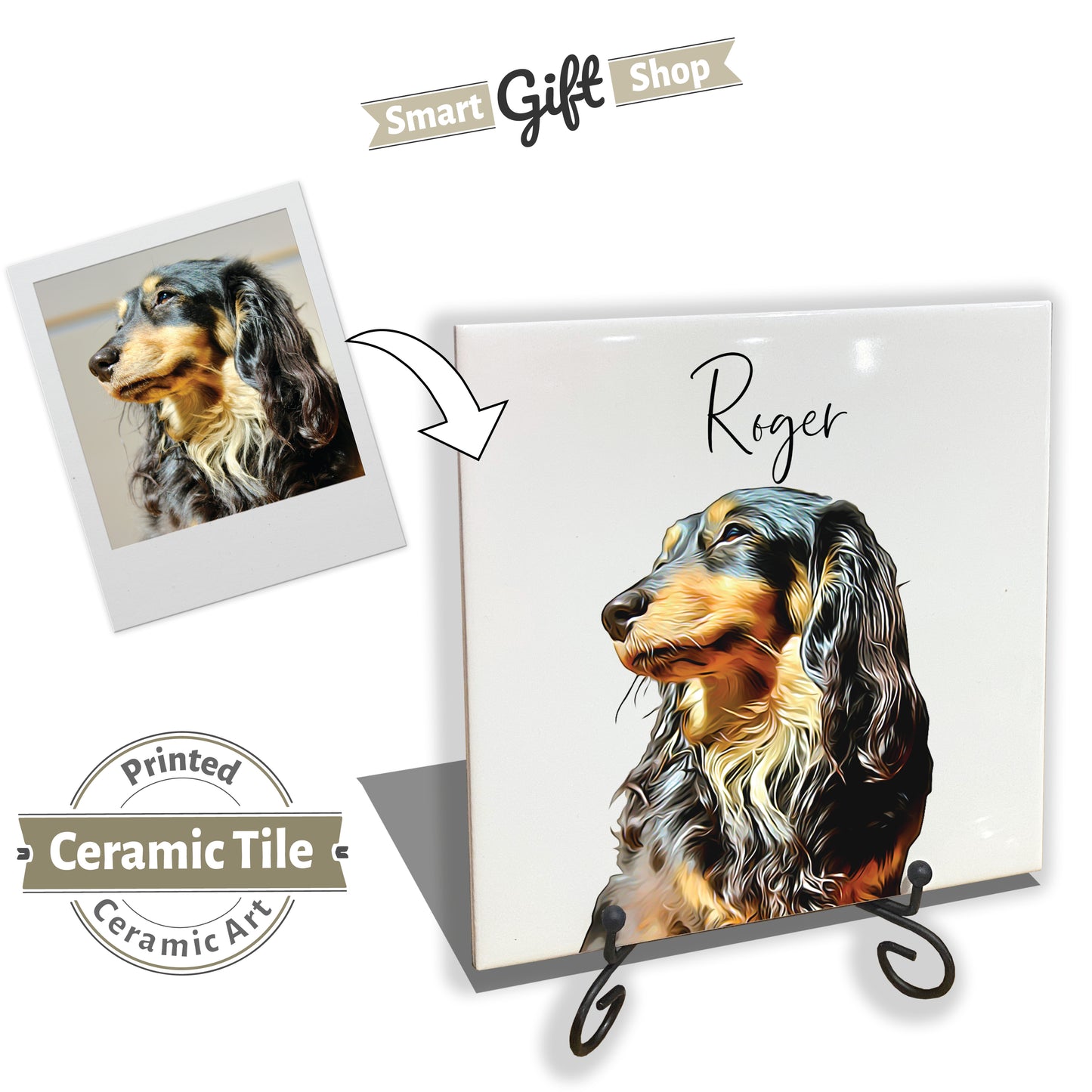 Personalised Pet Portrait on Tile with Stand - Brush Custom Photo Print Dog Cat