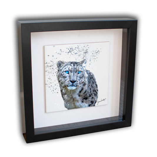 Snow Leopard Portrait Brush Splatter Style Artwork - Framed CERAMIC TILE Art