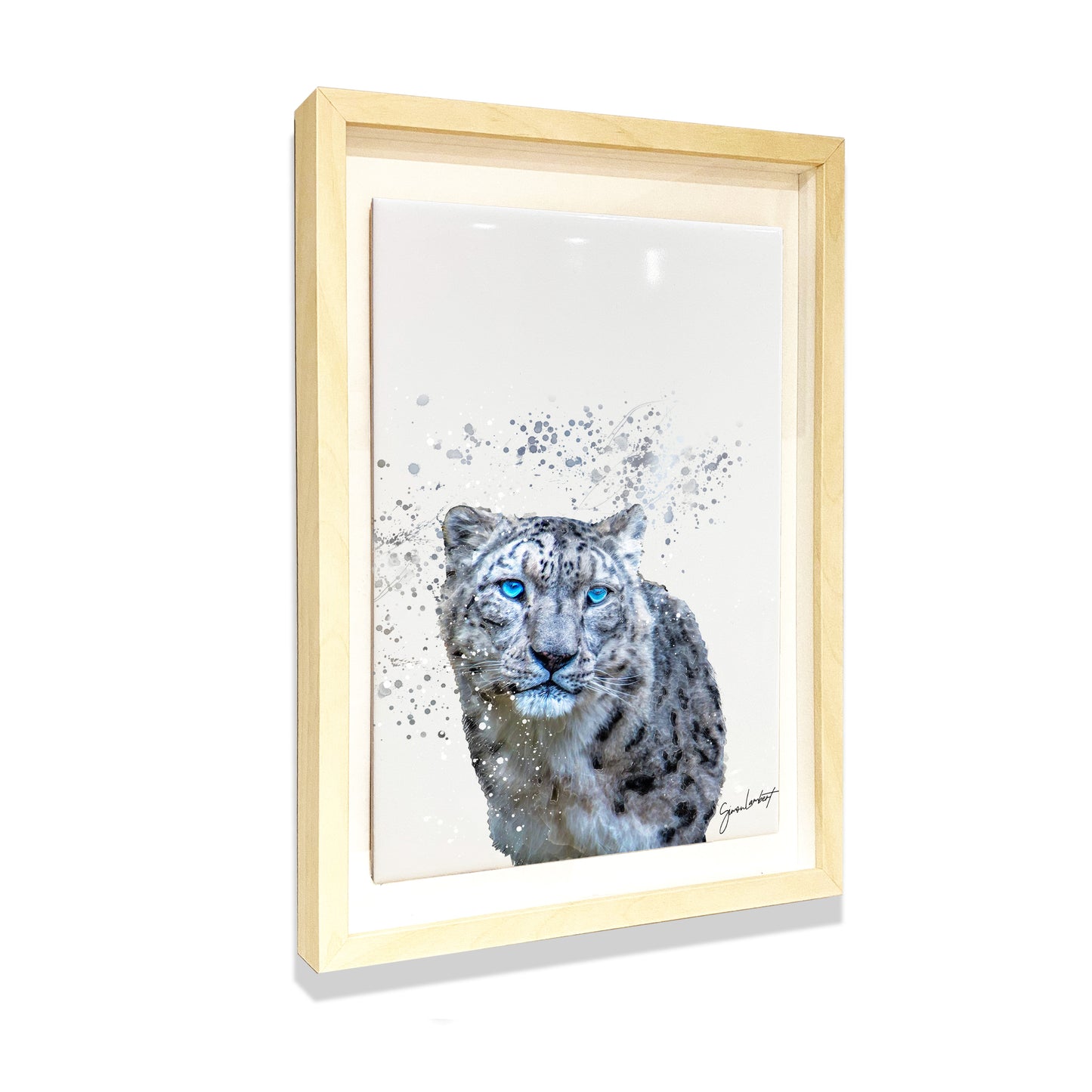 Snow Leopard Portrait Brush Splatter Style Artwork - Framed CERAMIC TILE Art