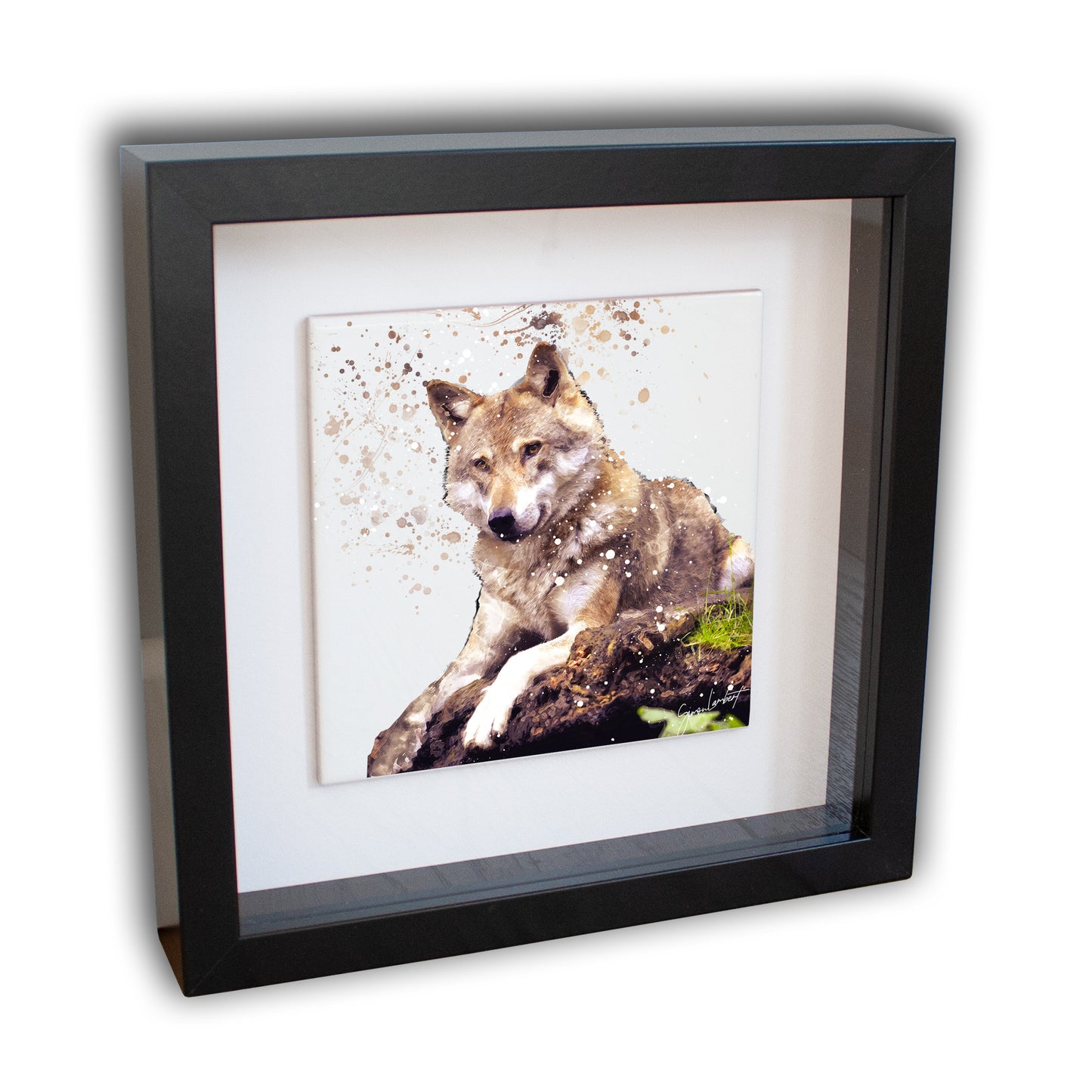 Wolf Portrait Brush Splatter Style Artwork - Framed CERAMIC TILE Art