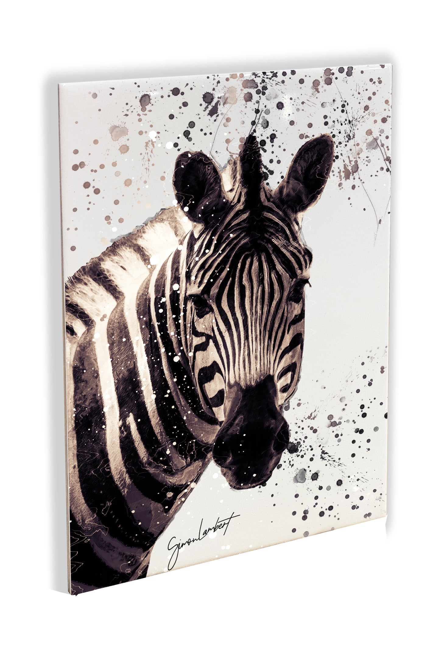 Zebra Portrait Brush Splatter Style Artwork - Framed CERAMIC TILE Art