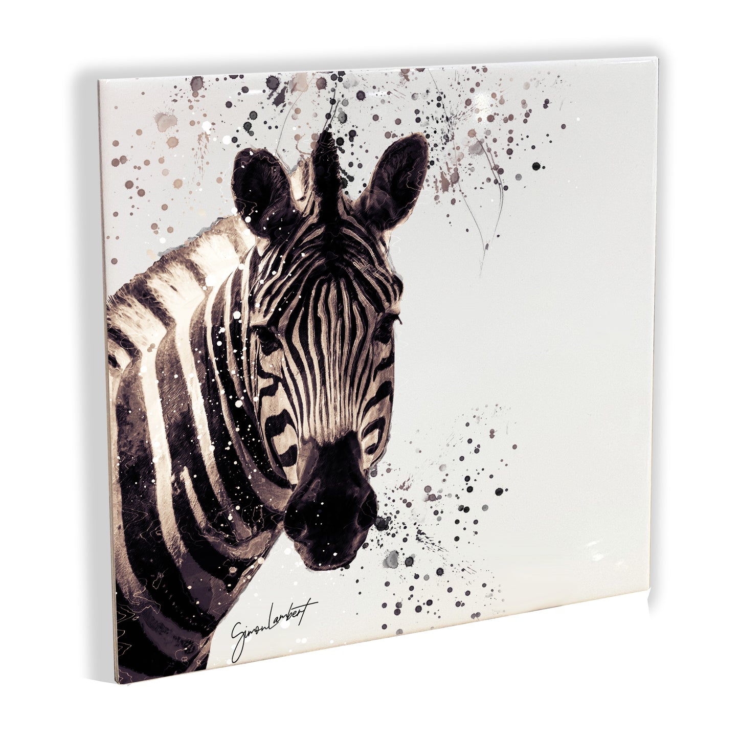 Zebra Portrait Brush Splatter Style Artwork - Framed CERAMIC TILE Art
